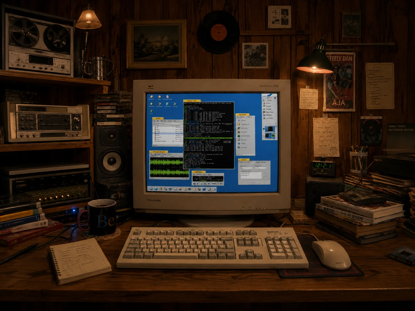 A CRT monitor running BeOS on a desk in a wood-paneled room